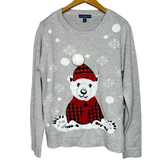 Karen Scott Bear Holiday Sweater With Pom Pom Long Sleeve Womens Size L - Picture 1 of 6